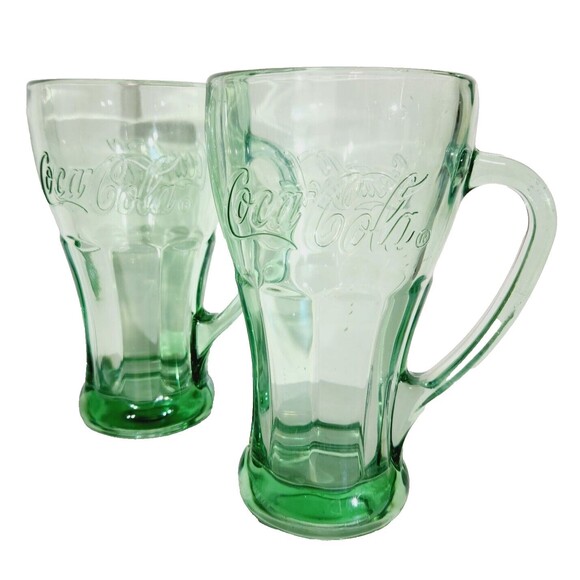 Libbey Coca Cola Mug Drinking Glass Handle Green Glass Vtg Embossed Design Retro - Picture 1 of 12